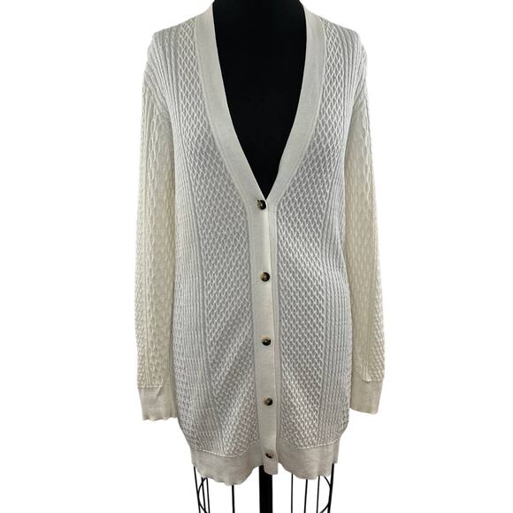 THEORY Off White Lightweight Cable Knit V-Neck Button Cardigan Sweater Small S - Picture 1 of 9